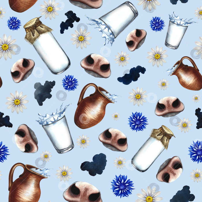 Скачать Seamless pattern with dairy products, cow noses and spots of dairy cows and wildflowers. On a blue background. Watercolor hand drawn illustration. Milk texture for print. For label packaging, textile. фотосток Ozero