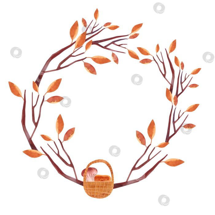 Скачать Акварельный венок с осенним деревом с оранжевыми листьями и корзиной. Изолированный клипарт. Растровая иллюстрация для упаковки, поздравительных открыток, подарков. фотосток Ozero