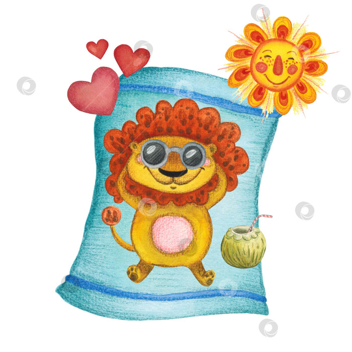 Скачать Акварельная, детская иллюстрация изображающая льва лежащего на пляжном полотенце, с кокосом под солнышком фотосток Ozero