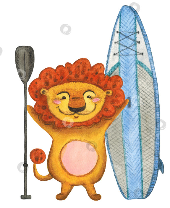 Скачать Акварельная, детская иллюстрация изображающая льва с веслом и сапбордом фотосток Ozero