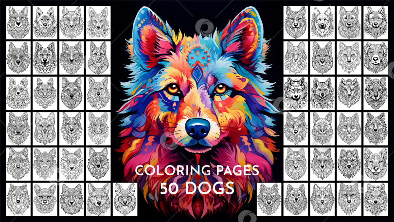 Скачать 50 собак: Антистрессовые раскраски. Созданный искусственный интеллект. фотосток Ozero
