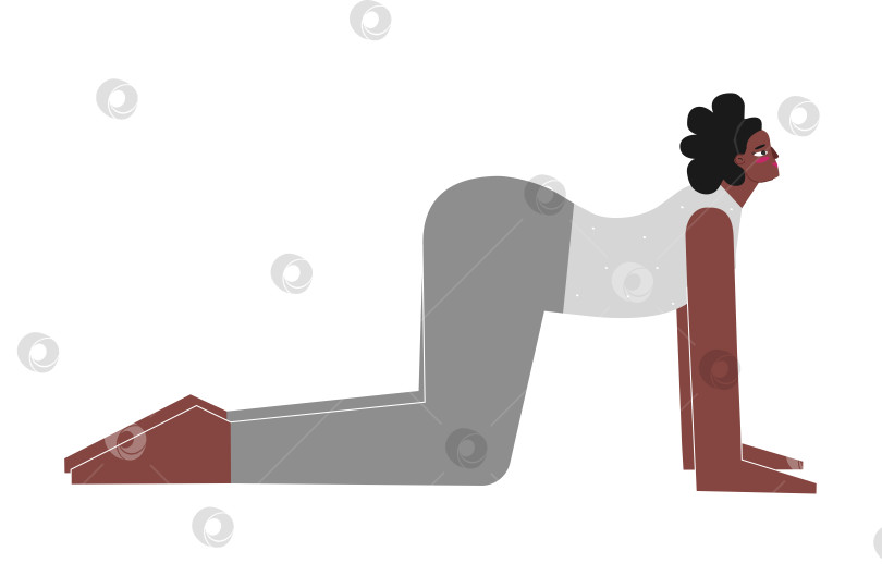 Скачать Vector isolated concept with flat female character. Strong african american woman learns posture with backbend Bitilasana at yoga class. Fitness exercise - Cow Pose фотосток Ozero