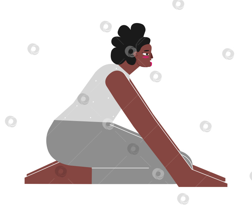 Скачать Vector isolated illustration with flat female character. Strong african american woman learns posture Simhasana at yoga class. Fitness exercise - Lion Pose фотосток Ozero