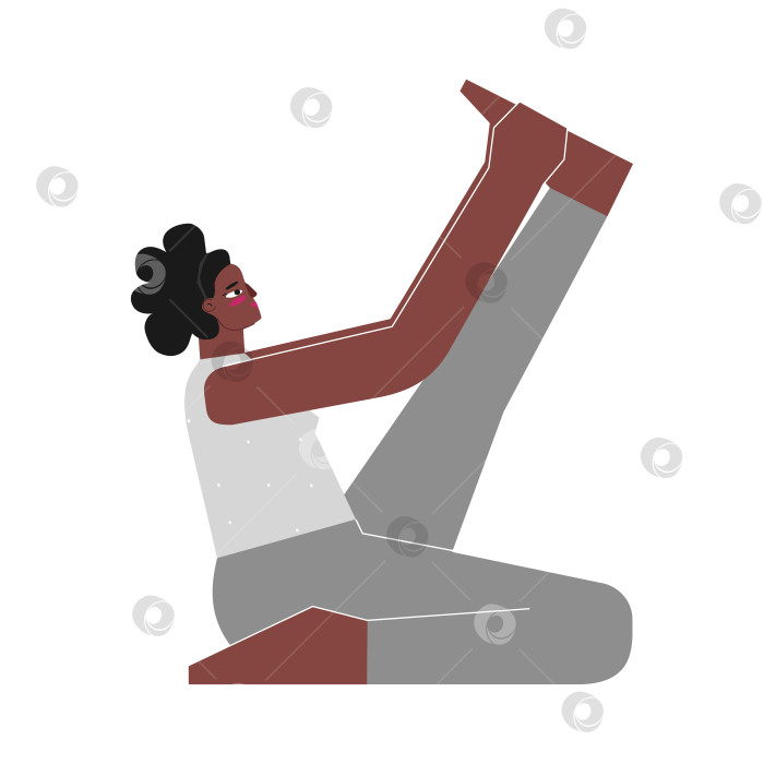 Скачать Vector isolated concept with flat female african american character. Strong woman learns Seated posture Krounchasana at yoga class. Fitness exercise - Heron Pose фотосток Ozero