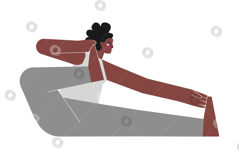 Скачать Vector isolated concept with flat female character. Strong african american woman learns posture Akarna Dhanurasana at yoga class. Fitness exercise - Archer pose фотосток Ozero