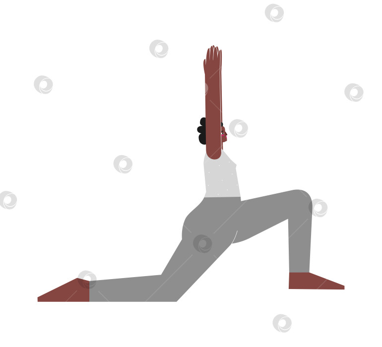 Скачать Vector isolated illustration with flat female african american character. Sportive woman learns restorative posture at yoga class. Fitness exercise - Crescent Pose Low Lunge фотосток Ozero