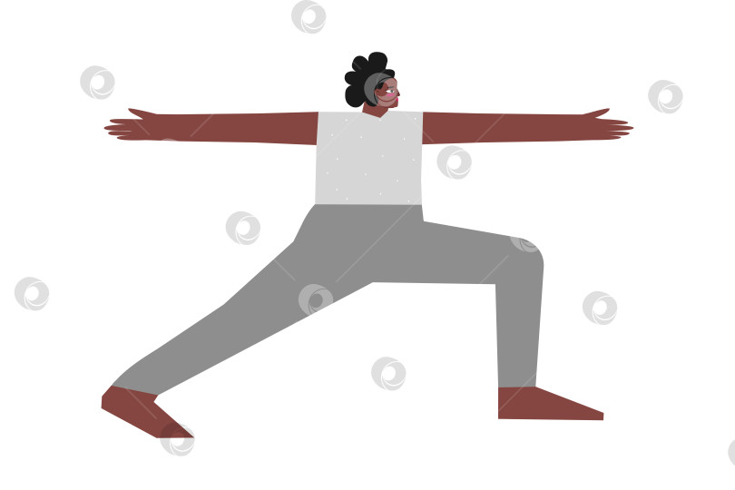 Скачать Vector isolated illustration with flat female character. Sportive african american woman learns Standing posture Virabhadrasana II at yoga class. Fitness exercise - Warrior II фотосток Ozero