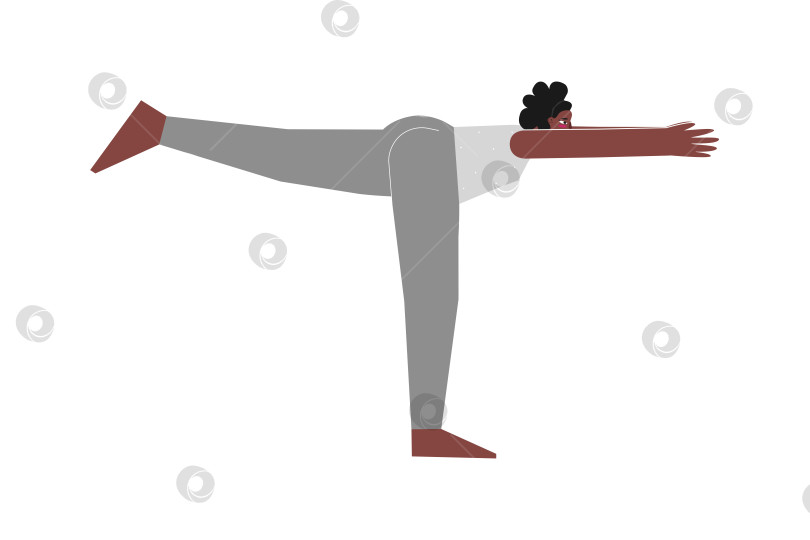 Скачать Vector isolated illustration with flat female character. Sportive african american woman learns Balancing posture Virabhadrasana III at yoga class. Fitness exercise - Warrior 3 фотосток Ozero