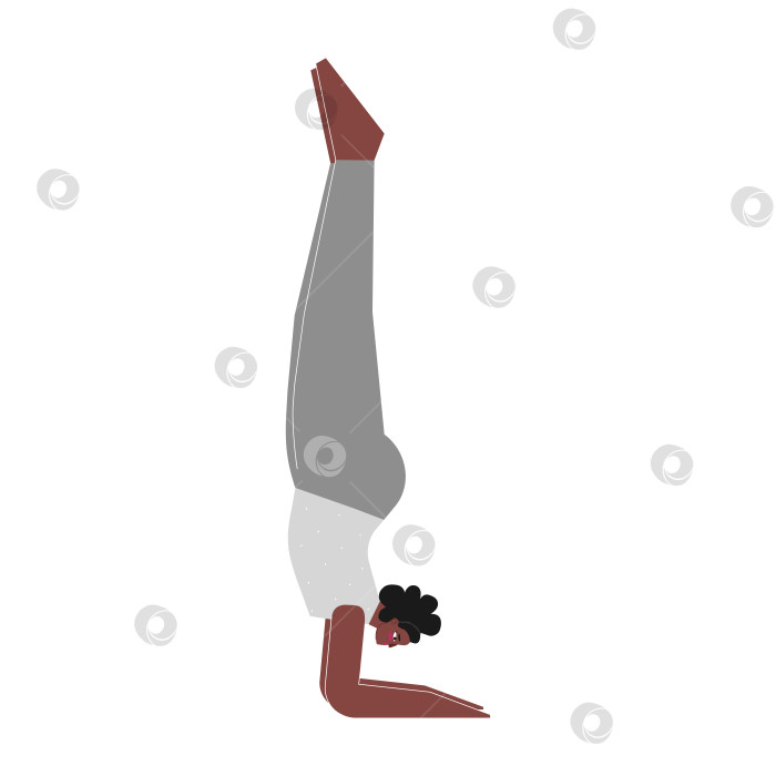 Скачать Vector isolated illustration with flat female character. Sportive african american; woman learns posture at yoga class. Fitness exercise - Forearm Stand фотосток Ozero