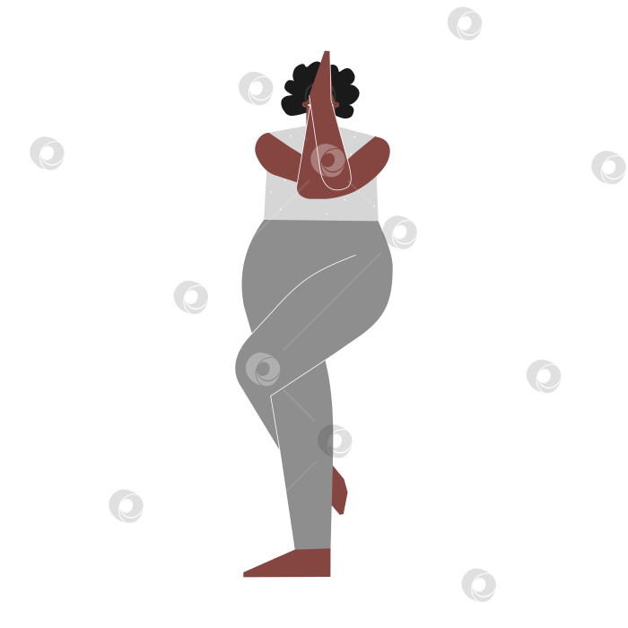 Скачать Vector isolated illustration with flat african american female character. Sportive woman learns Balancing posture Garudasana at yoga class. Fitness exercise - Eagle Pose фотосток Ozero