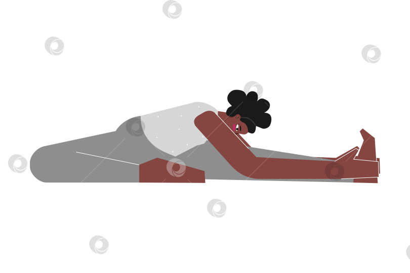 Скачать Vector isolated illustration with flat female african american character. Sportive woman learns posture Janu Sirsasana at yoga class. Fitness exercise - Head to Knee Forward Bend фотосток Ozero