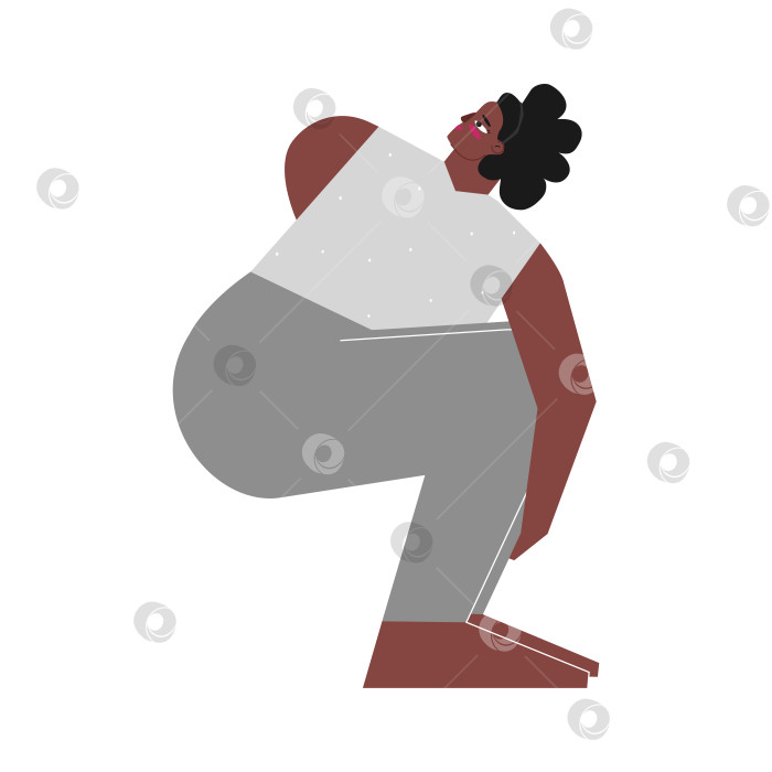Скачать Vector isolated illustration with flat female character. Sportive african american woman learns Binding posture Pasasana at yoga class. Fitness exercise - Noose Pose фотосток Ozero