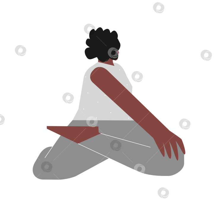 Скачать Vector isolated flat concept with female african american character. Sportive hip-opening exercise with - Bharadvaja's Twist pose. Strong woman learns posture - Bharadvajasana I фотосток Ozero