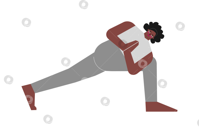 Скачать Vector isolated illustration with flat female african american character. Sportive woman learns Strengthening posture Parivrtta Parsvakonasana at yoga class. Fitness exercise - Revolved Side Angle Pose фотосток Ozero