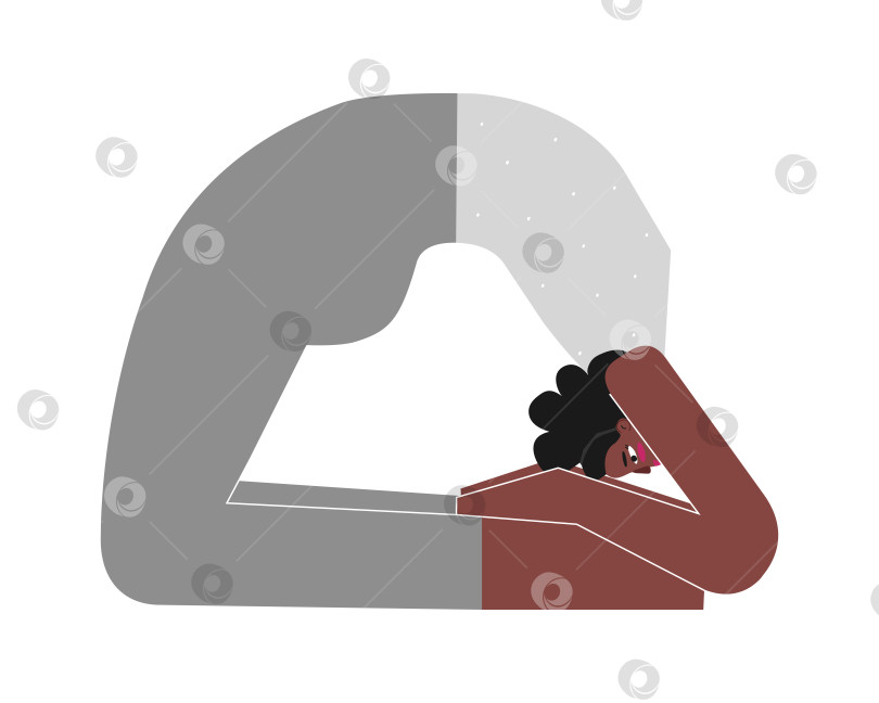 Скачать Vector isolated concept with flat african american female character. Strong woman learns posture Kapotasana at yoga class. Fitness exercise with Backbend - Pigeon Pose фотосток Ozero