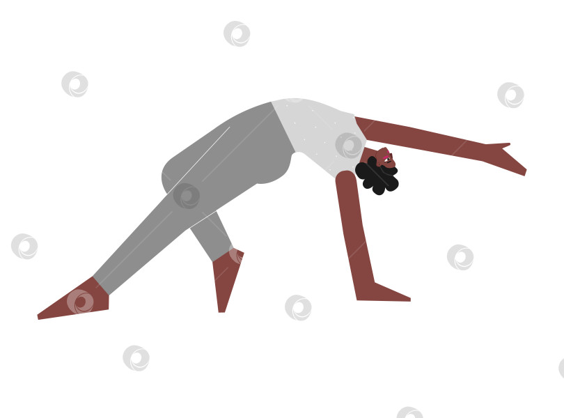 Скачать Vector isolated flat concept with female character. Sportive african american exercise - Half Lord of the Fishes Pose. Strong woman learns Twist posture - Ardha Matsyendrasana фотосток Ozero