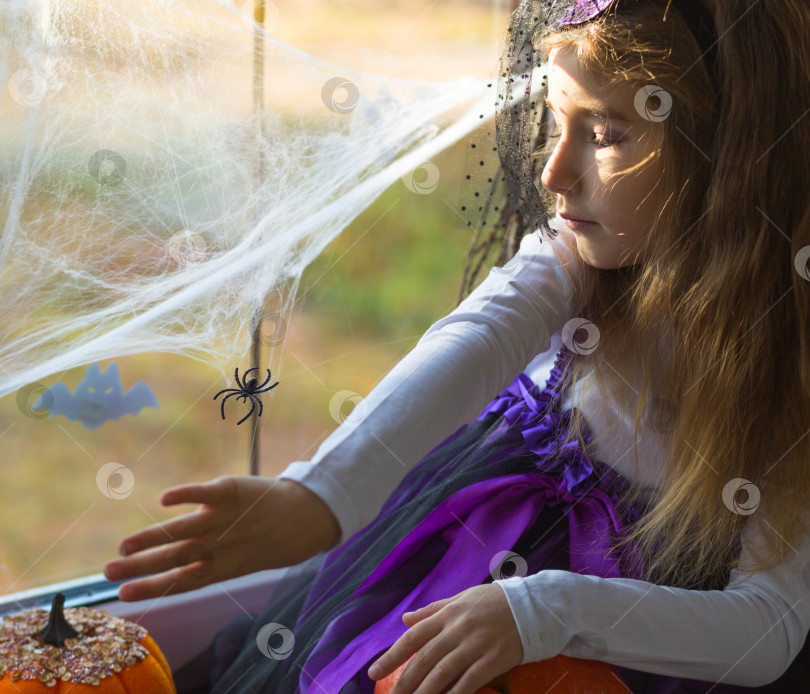 Скачать Девочка в костюме ведьмы на подоконнике у окна играет с паутиной и паучихой, украшая дом к празднику Хэллоуин. Ужасные пейзажи, страх и ужас, тыквы фотосток Ozero