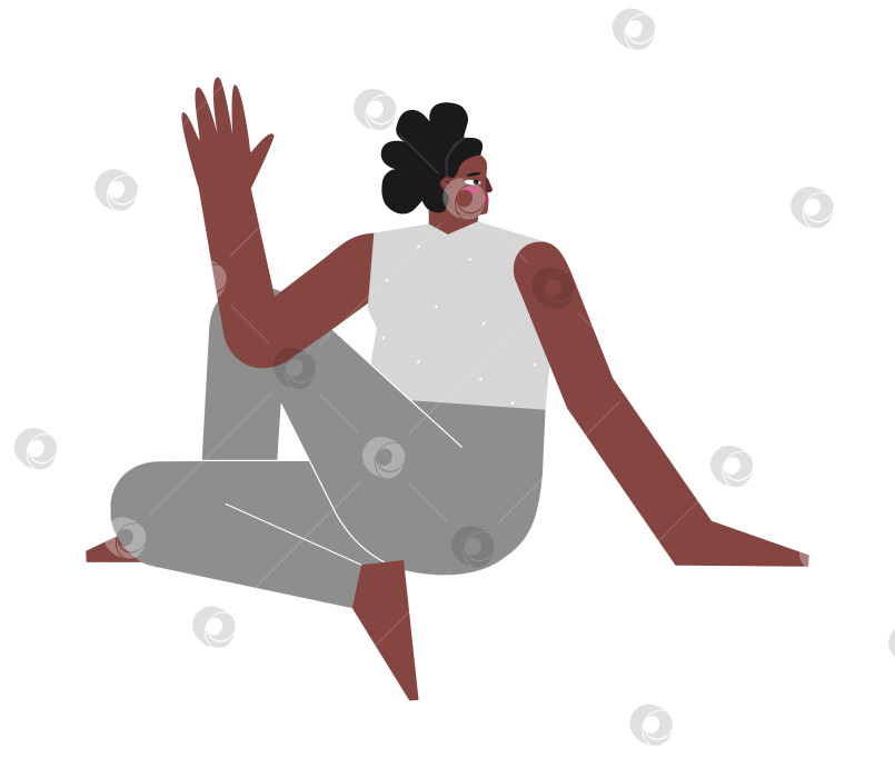 Скачать Vector isolated flat concept with female character. Sportive african american exercise - Half Lord of the Fishes Pose. Strong woman learns Twist posture - Ardha Matsyendrasana фотосток Ozero