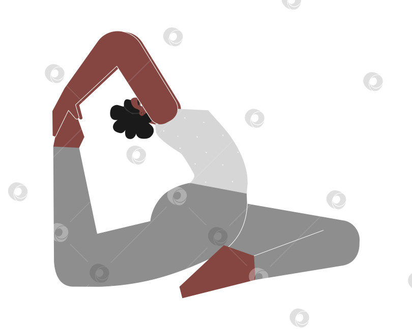 Скачать Vector illustration with flat female character. Sportive african american woman learns Hip-Opening posture Eka Pada Rajakapotasana at yoga class. Fitness exercise - One Legged King Pigeon Pose I фотосток Ozero