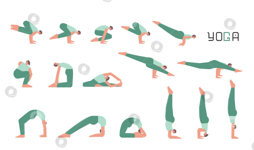 Скачать Vector flat isolated illustration collection with female character doing yoga. European woman learns relaxing stretching postures. Set of basic sports balance exercise for beginners фотосток Ozero