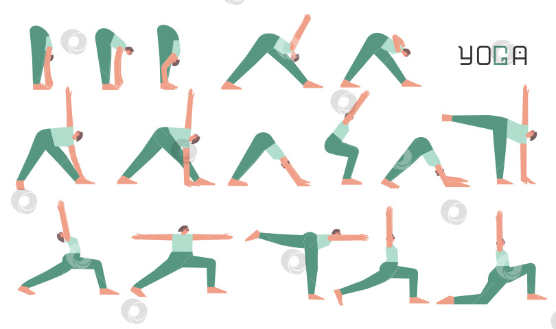 Скачать Vector flat isolated concept collection with female character doing yoga. Caucasian woman learns stretching postures with bend. Set of sports balance exercise for beginners фотосток Ozero