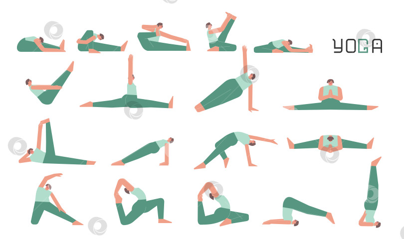 Скачать Vector flat isolated illustration collection with female adult character doing yoga. European woman learns relaxing stretching postures. Set of basic sports balance exercise for beginners фотосток Ozero