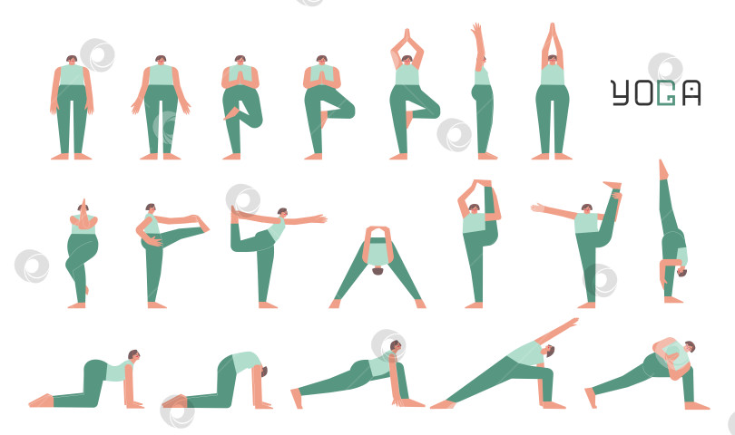 Скачать Vector flat isolated illustration collection with female character doing yoga. European woman learns standing postures. Set of basic sports balance exercise for beginners фотосток Ozero