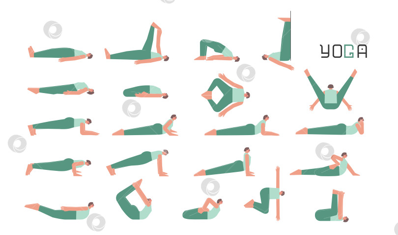 Скачать Vector flat isolated illustration collection with female character doing yoga. Caucasian woman learns lying on back and plank postures. Set of basic sports exercise for beginners фотосток Ozero