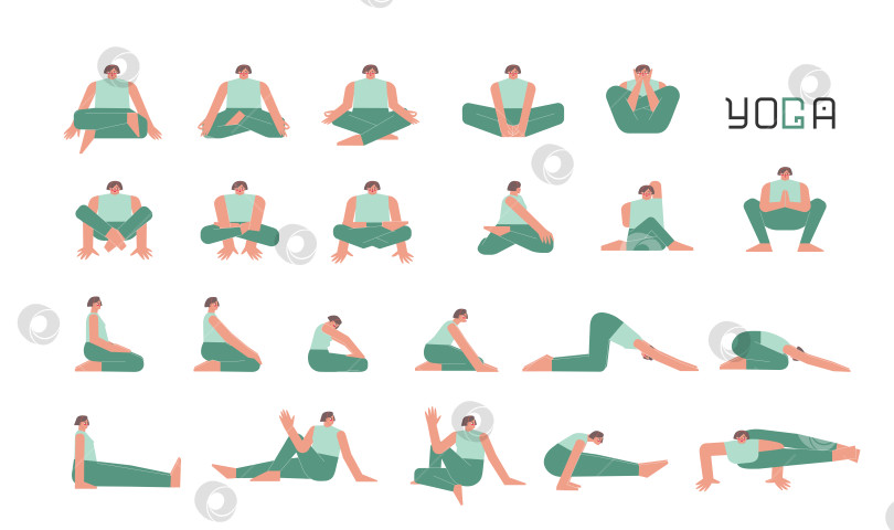 Скачать Vector flat isolated illustration collection with female character doing yoga. European woman learns relaxing sitting postures for meditation. Set of basic sports exercise for beginners фотосток Ozero