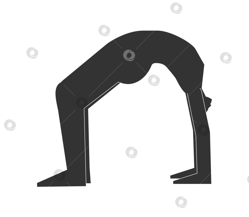 Скачать Vector illustration with black silhouette of female character. Sportive woman learns yoga posture Urdhva Dhanurasana. Fitness exercise - Wheel Pose or Upward Facing Bow Pose. Minimalistic design фотосток Ozero