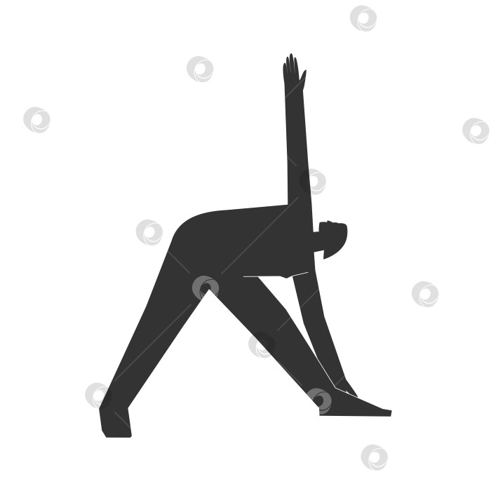 Скачать Vector isolated illustration with flat black silhouette of female character. Sportive woman learns yoga posture Utthita Trikonasana. Fitness exercise - Extended Triangle Pose. Minimalistic design фотосток Ozero