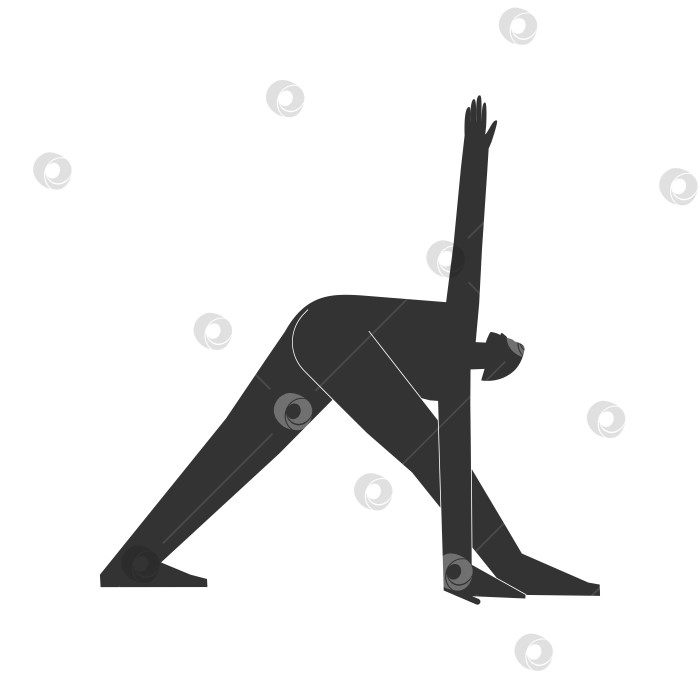 Скачать Vector isolated illustration with flat black silhouette of female character. Sportive woman learns yoga posture Parivrtta Trikonasana. Fitness exercise - Revolved Triangle Pose. Minimalistic design фотосток Ozero