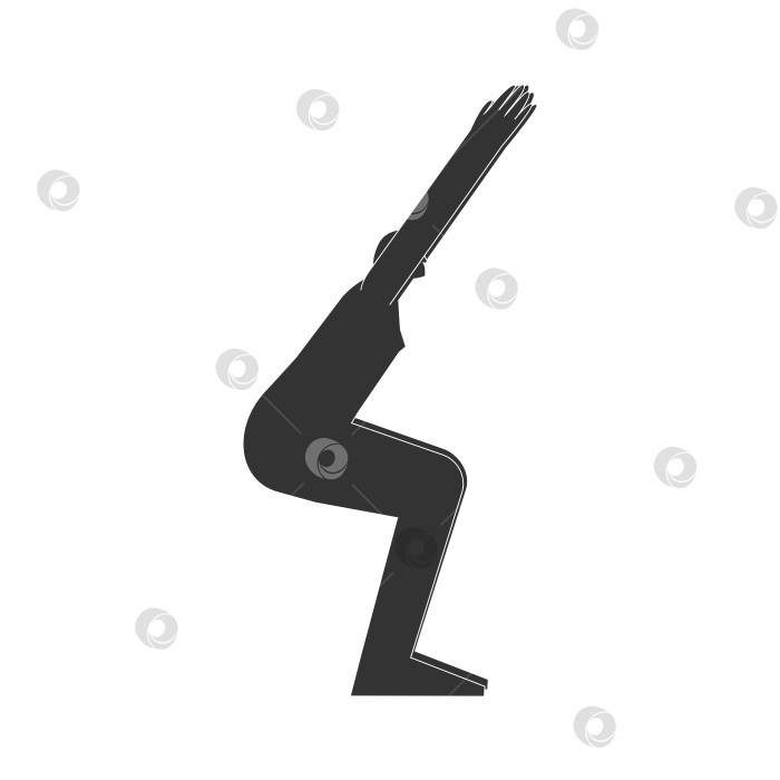 Скачать Vector isolated illustration with flat black silhouette of female character. Sportive woman learns yoga posture Utkatasana. Fitness exercise - Chair Pose. Minimalistic design фотосток Ozero