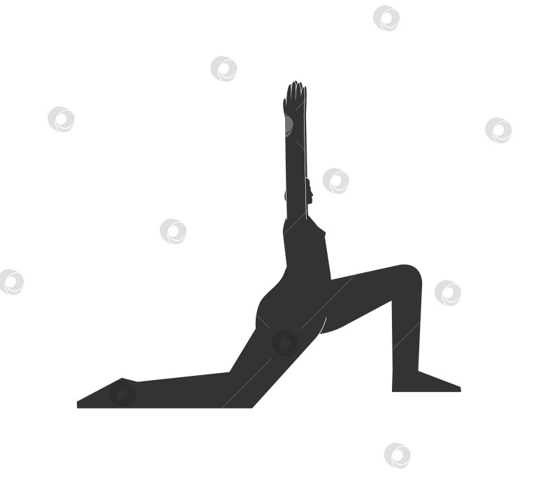 Скачать Vector isolated illustration with flat black silhouette of female character. Sportive woman learns strengthening yoga posture. Fitness exercise - Crescent Pose High Lunge. Minimalistic design фотосток Ozero