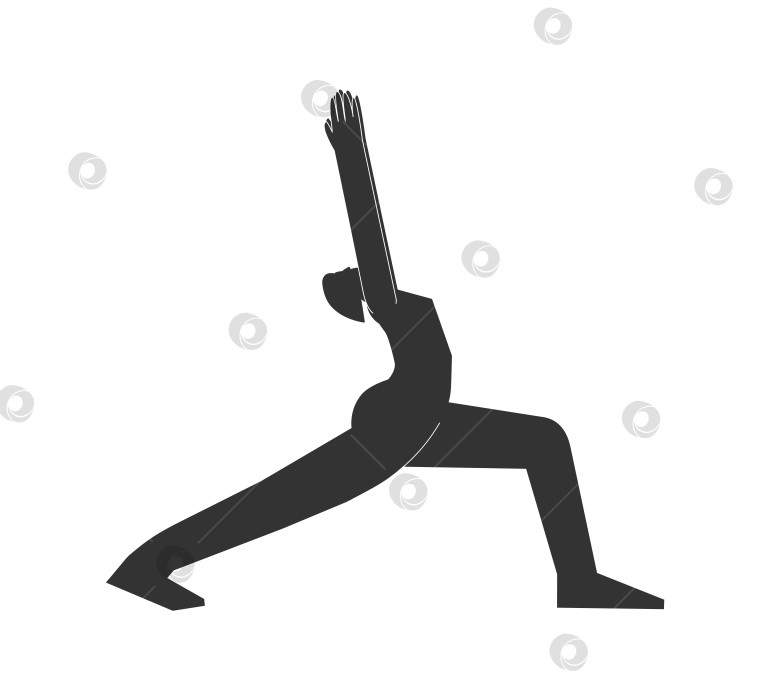 Скачать Vector isolated illustration with flat black silhouette of female character. Sportive woman learns yoga posture Virabhadrasana I. Fitness exercise - Warrior 1. Minimalistic design фотосток Ozero