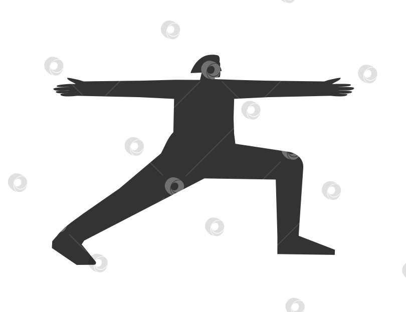 Скачать Vector isolated illustration with flat black silhouette of female character. Sportive woman learns yoga posture Virabhadrasana II. Fitness exercise - Warrior 2. Minimalistic design фотосток Ozero