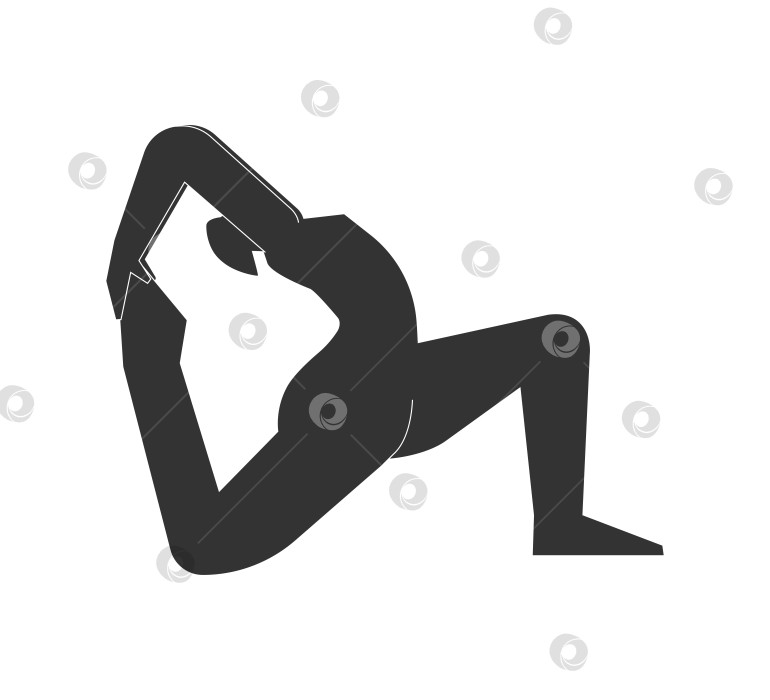 Скачать Vector illustration with flat black silhouette of female character. Sportive woman learns yoga posture Eka Pada Rajakapotasana 2. Fitness exercise - One Legged King Pigeon Pose II. Minimalistic design фотосток Ozero