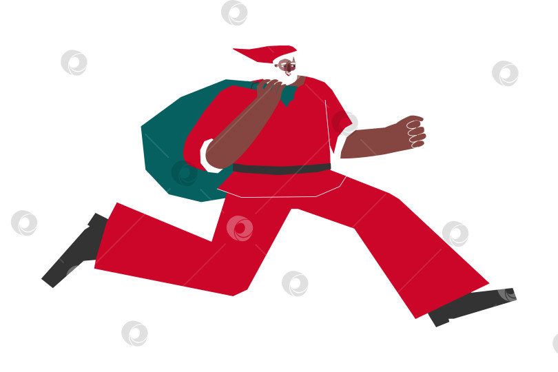 Скачать Vector isolated illustration with flat character of African American Santa Claus in red costume in Christmas time. He runs, holds bag with gifts. Concept for banner about sale, shopping in last moment фотосток Ozero