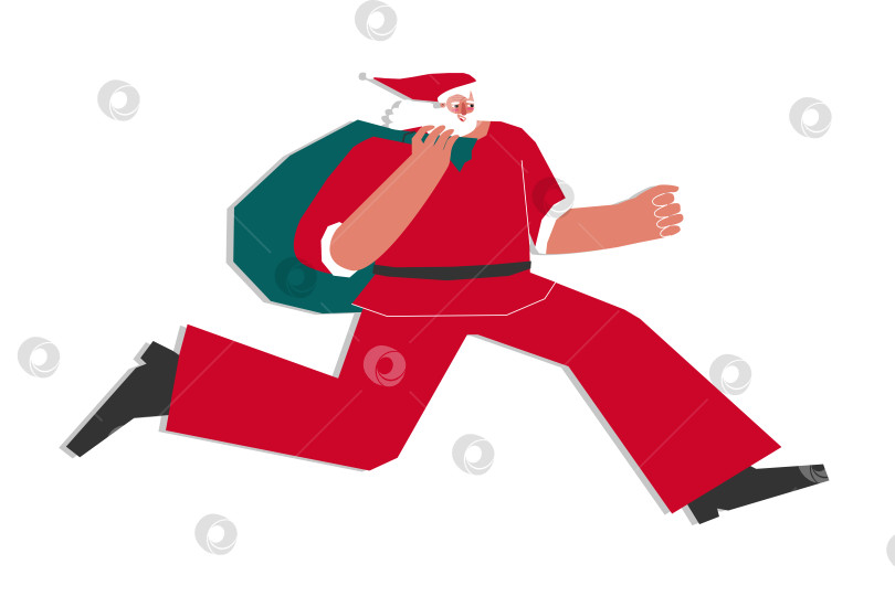 Скачать Vector isolated illustration with flat character of Santa Claus in red costume in Christmas time. He runs and holds bag with gifts. Concept for banner about sale and shopping in last moment. фотосток Ozero