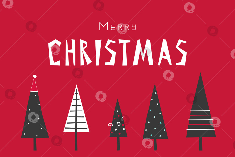 Скачать Vector illustration with flat forest. Five triangular black and white trees are decorated by Santa hat, stripes, dots. Horizontal banner with handdrawn text Merry Christmas on red background фотосток Ozero