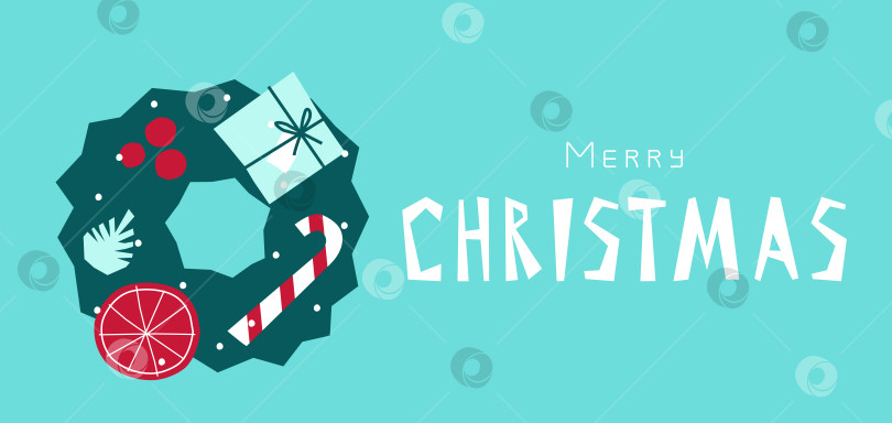 Скачать Vector flat illustration. Horizontal banner with Christmas wreath decorated by candy cane, gift box, orange, cone. Simplified minimalistic shape, Scandinavian style. Hand drawn text - Merry Christmas фотосток Ozero