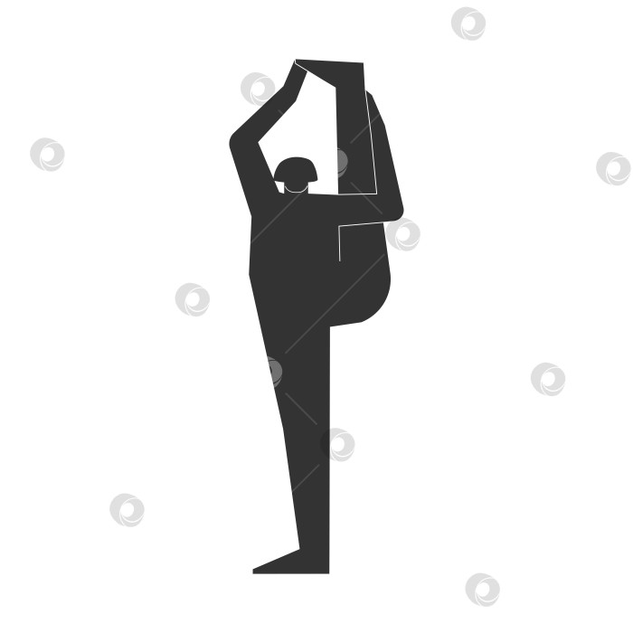 Скачать Vector isolated illustration with flat black silhouette of female person doing finess. Athletic woman learns yoga posture Trivikramasana. Sportive exercise - Standing Split фотосток Ozero