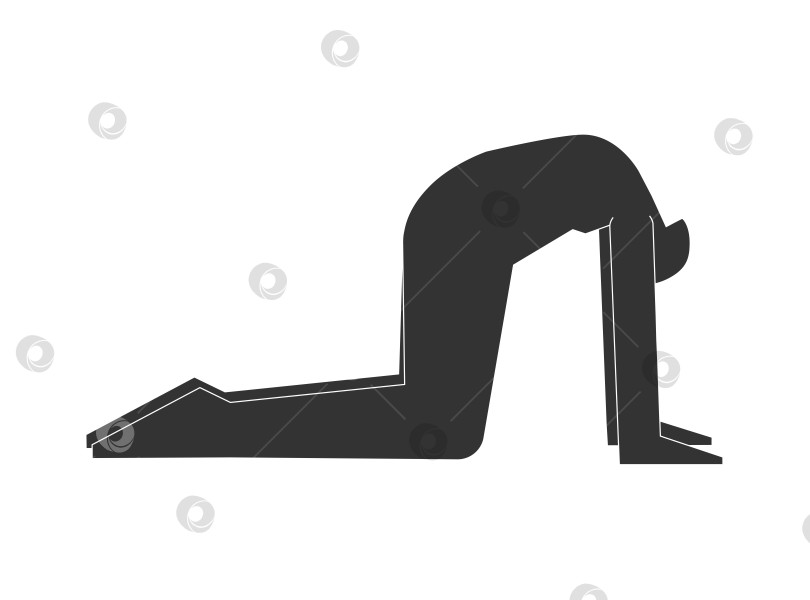 Скачать Vector isolated illustration with flat black silhouette of female person doing finess. Athletic woman learns yoga posture Marjaryasana. Sportive exercise - Cat Pose фотосток Ozero