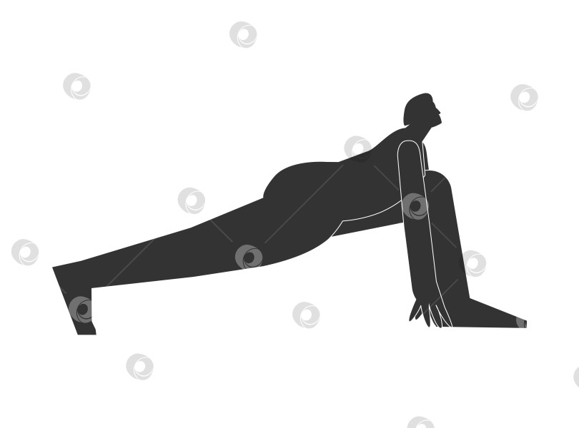 Скачать Vector isolated illustration with flat black silhouette of female person doing finess. Athletic woman learns yoga posture - High Lunge. Sportive exercise for stretching фотосток Ozero