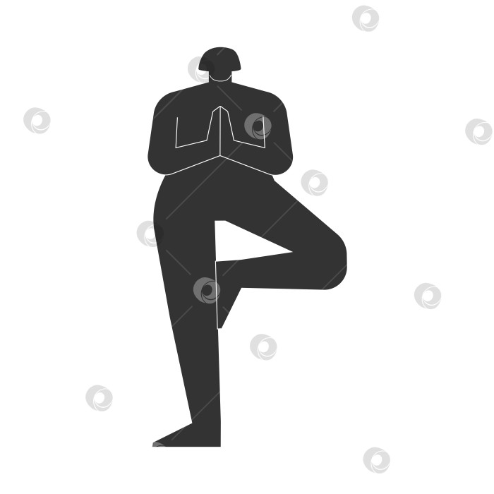 Скачать Vector isolated illustration with flat black silhouette of female person doing finess. Athletic woman learns yoga posture Vrksasana. Sportive exercise - Tree Pose. фотосток Ozero