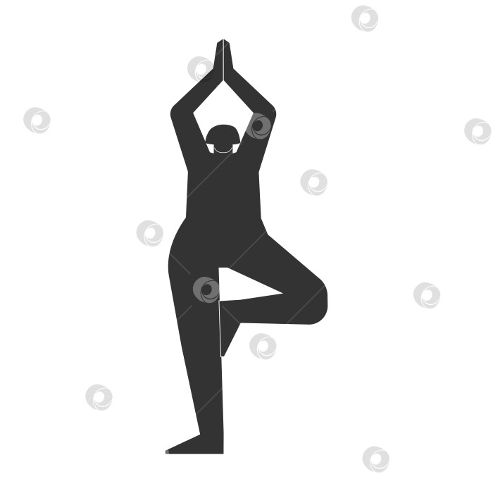 Скачать Vector isolated illustration with flat black silhouette of female person doing finess. Athletic woman learns yoga posture Vrksasana. Sportive exercise - Tree Pose. фотосток Ozero