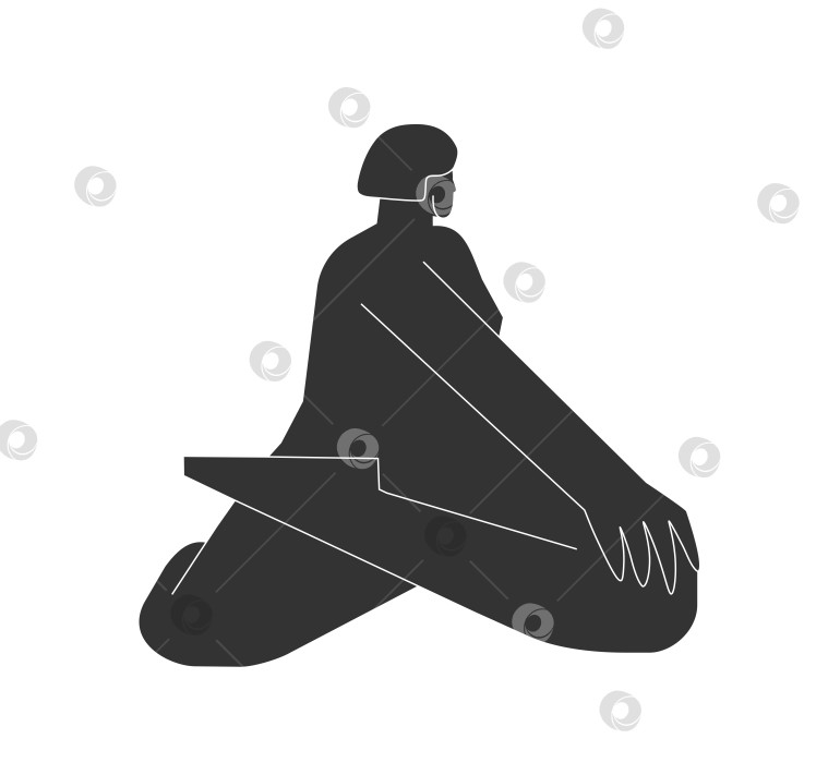 Скачать Vector isolated illustration with flat black silhouette of female person doing finess. Athletic woman learns yoga posture - Bharadvaja's Twist. Sportive exercise - Bharadvajasana I фотосток Ozero