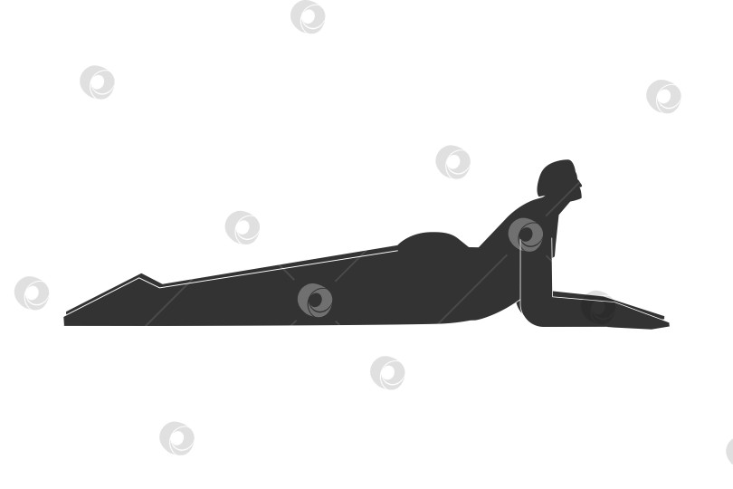 Скачать Vector isolated concept with flat black silhouette of female character doing finess. Athletic woman learns yoga posture - Sphinx pose. Sportive exercise - Salamba Bhujangasana фотосток Ozero