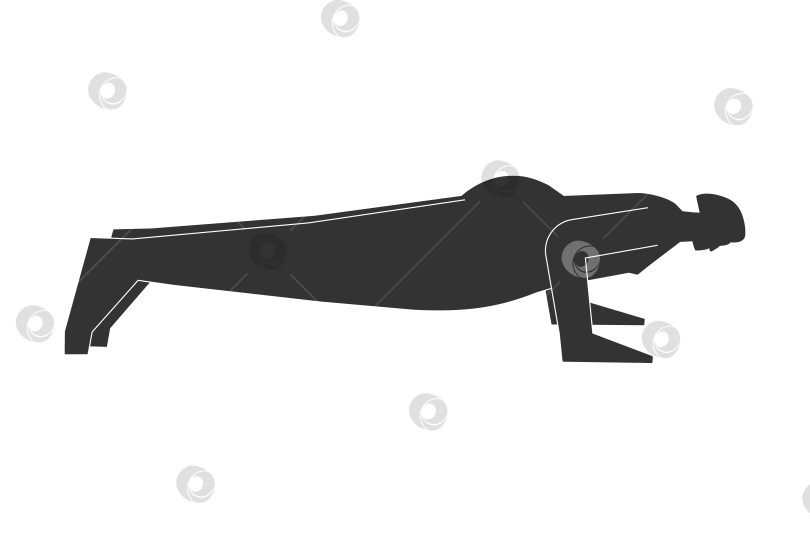 Скачать Vector isolated illustration with flat black silhouette of female character. Sportive woman learns yoga posture Chaturanga. Fitness exercise - Four-Limbed Staff Pose. Minimalistic linocut фотосток Ozero