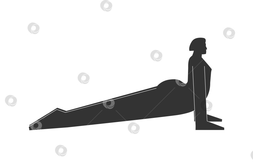 Скачать Vector isolated illustration with flat black silhouette of female character. Sportive woman learns yoga posture Upward Facing Dog. Fitness exercise - Urdhva Mukha Svanasana. Minimalistic linocut фотосток Ozero